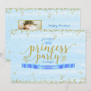 Uitnodigingen voor prinsessenfeest met goud en bla