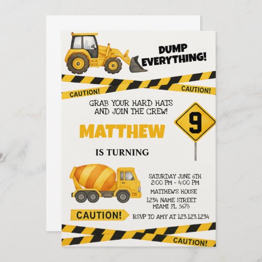 Uitnodigingen voor Printable Construction Birthday (Voorkant / Achterkant)