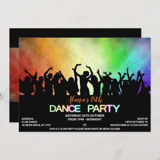 Uitnodigingen voor Rainbow Glow Dance Party (Voorkant / Achterkant)