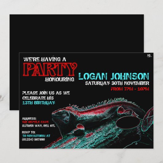 Uitnodigingen voor reptielenverjaardagsfeest (Voorkant / Achterkant)