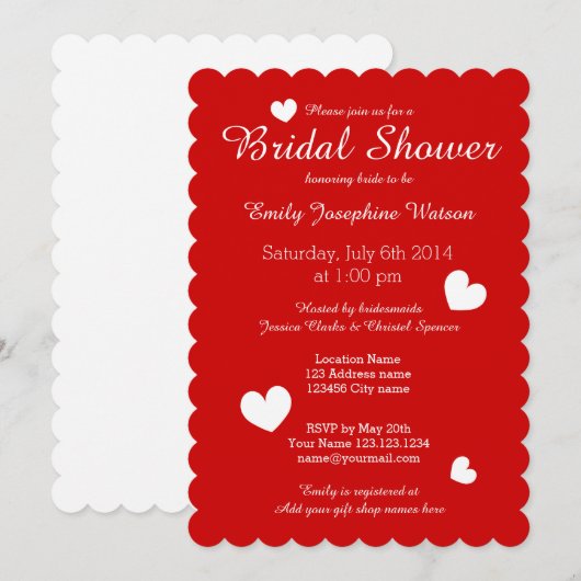 Uitnodigingen voor rode en witte donkere douches m (Voorkant / Achterkant)