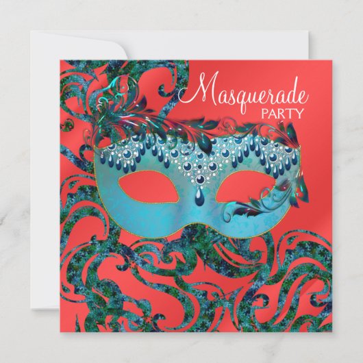 Uitnodigingen voor Rood Turquoise Blauwe Maskerade (Voorkant)