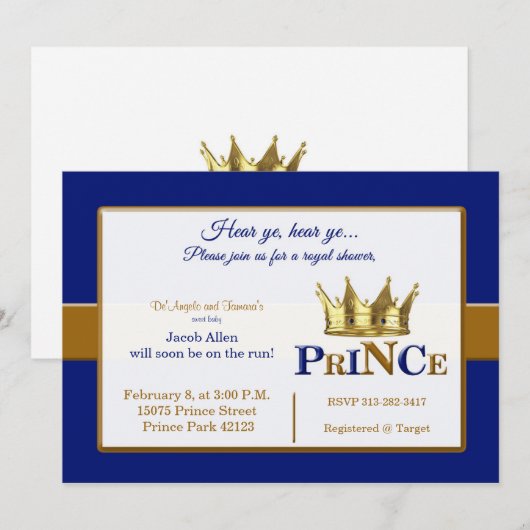 Uitnodigingen voor Royal Prince babyshower (Voorkant / Achterkant)