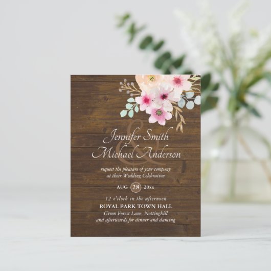 Uitnodigingen voor Roze Bloemen Trouwfeest met bud (Staand voorkant)