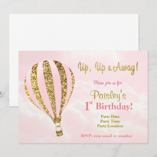Uitnodigingen voor roze en gouden hete luchtballon (Voorkant / Achterkant)