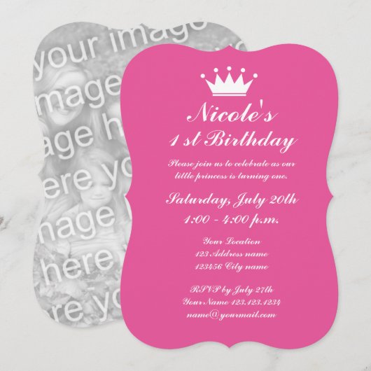 Uitnodigingen voor roze prinses kroon 1e verjaarda (Voorkant / Achterkant)