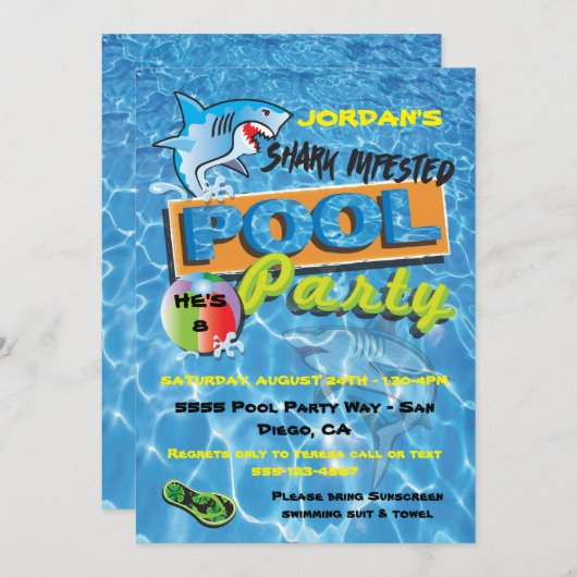 Uitnodigingen voor Shark Pool Birthday Party (Voorkant / Achterkant)