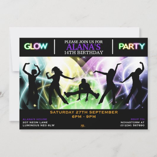 Uitnodigingen voor silhouetdansers Glow Party (Voorkant)