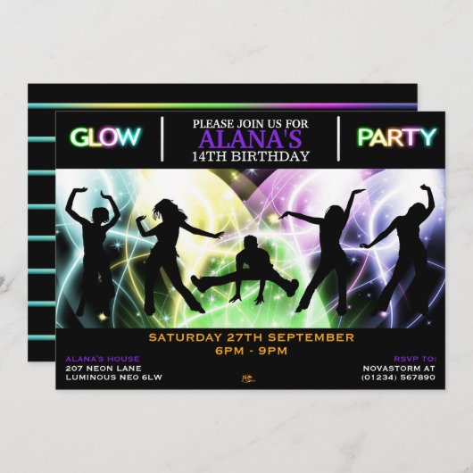 Uitnodigingen voor silhouetdansers Glow Party (Voorkant / Achterkant)