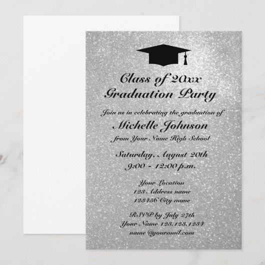 Uitnodigingen voor Silver Glitter-graduatoren (Voorkant / Achterkant)