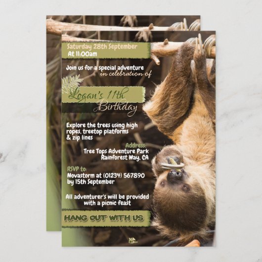 Uitnodigingen voor Sloth Tree Tops Avontuur (Voorkant / Achterkant)