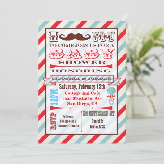 Uitnodigingen voor snor babyshower (Staand voorkant)