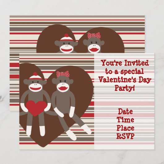 Uitnodigingen voor Sock Monkey Valentijnsdagfeest (Voorkant / Achterkant)
