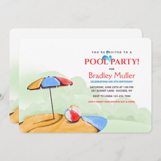 Uitnodigingen voor strand-/zwembadfeest (Voorkant / Achterkant)