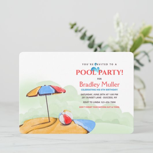 Uitnodigingen voor strand-/zwembadfeest (Staand voorkant)