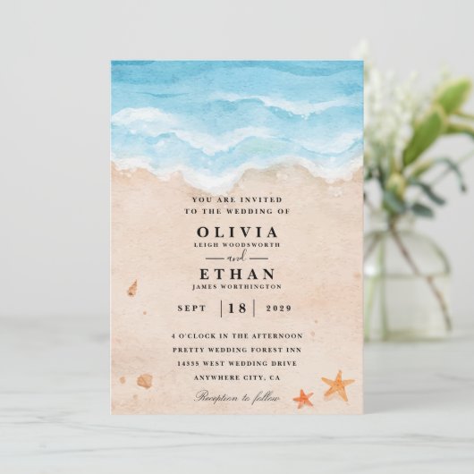 Uitnodigingen voor strandbruiloft (Staand voorkant)