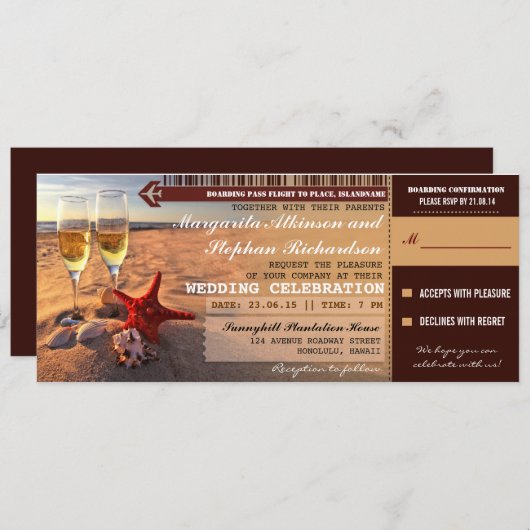 Uitnodigingen voor Sunset Beach Wedding Boarding P (Voorkant / Achterkant)