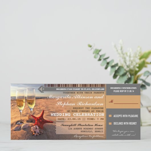 Uitnodigingen voor Sunset Beach Wedding Boarding P (Staand voorkant)