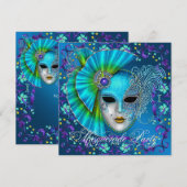 Uitnodigingen voor Teal Blue Masquerade-feest (Voorkant / Achterkant)