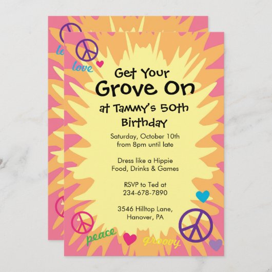 Uitnodigingen voor themafeekamers van Groovy 60 (Voorkant / Achterkant)