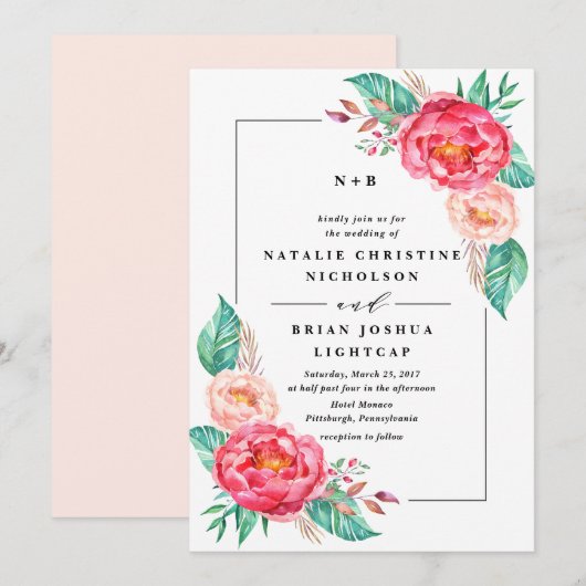 Uitnodigingen voor Tropische Floral Summer Wedding (Voorkant / Achterkant)