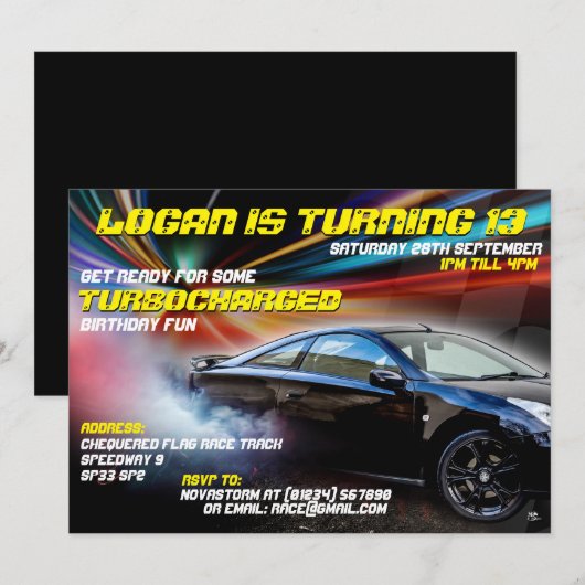 Uitnodigingen voor Turbocharge Street Racing Party (Voorkant / Achterkant)