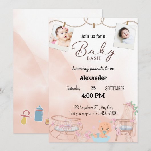 Uitnodigingen voor Twins Roze Luierfeest (Voorkant / Achterkant)