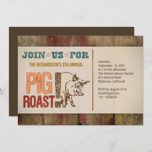 Uitnodigingen voor varkensgebraden barbecuefeesten (Voorkant / Achterkant)