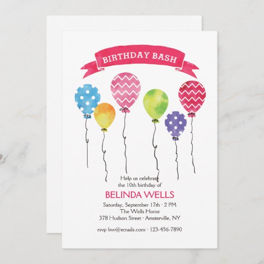 Uitnodigingen voor verjaardagsballonnen (Voorkant / Achterkant)