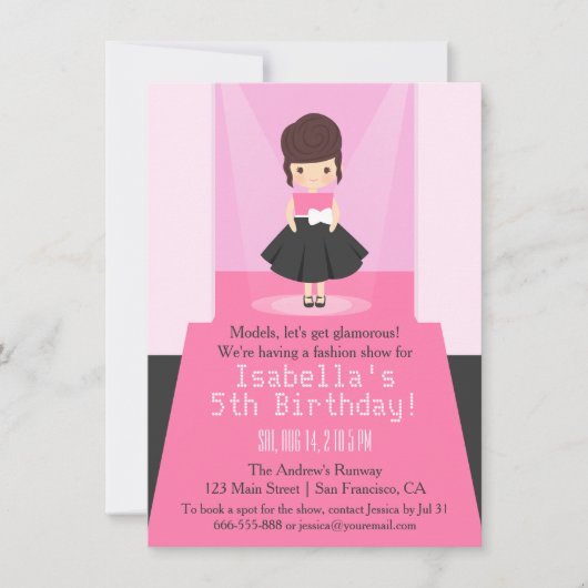 Uitnodigingen voor verjaardagsfeest met modeshow o (Voorkant)