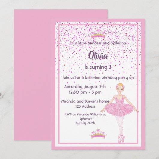 Uitnodigingen voor verjaardagsfeestjes Ballerina e (Voorkant / Achterkant)