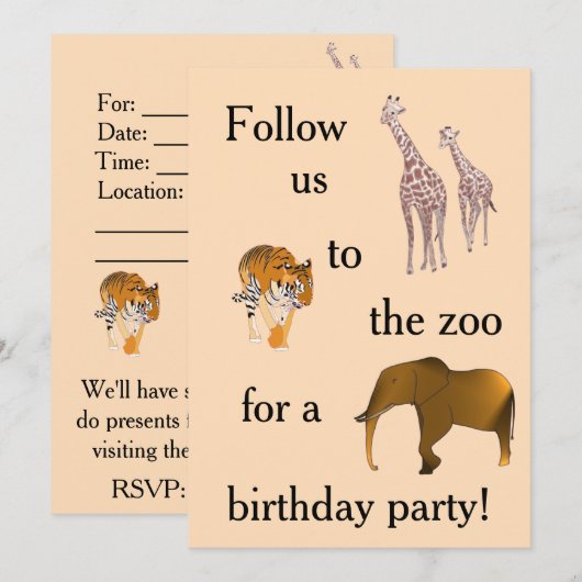 Uitnodigingen voor verjaardagsfeestjes in dierentu (Voorkant / Achterkant)