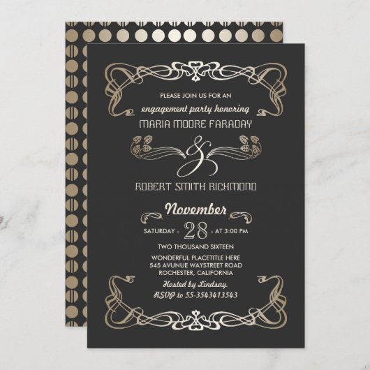 Uitnodigingen voor verlovingsfeest Art Deco Gold (Voorkant / Achterkant)