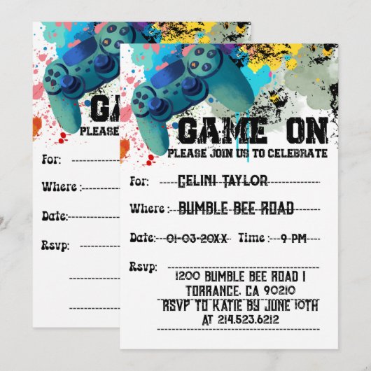 Uitnodigingen voor videogamefeestjes voor jongens (Voorkant / Achterkant)