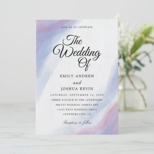 Uitnodigingen voor wasblauw en paarse bruiloft (Staand voorkant)