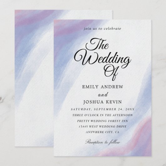 Uitnodigingen voor wasblauw en paarse bruiloft (Voorkant / Achterkant)