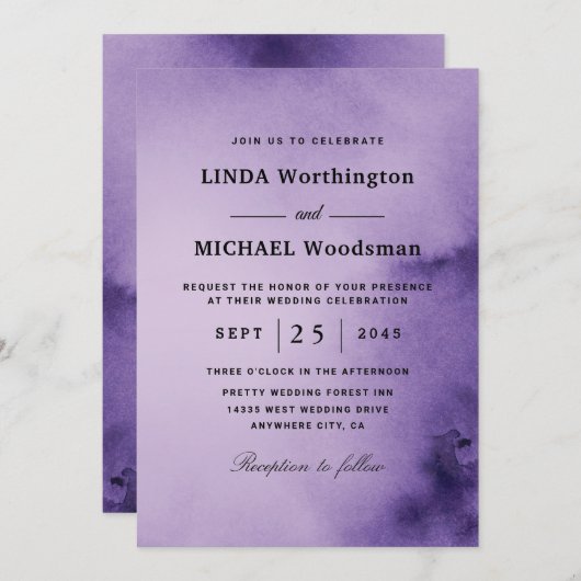 Uitnodigingen voor waterverf paarse wasbruiloft (Voorkant / Achterkant)