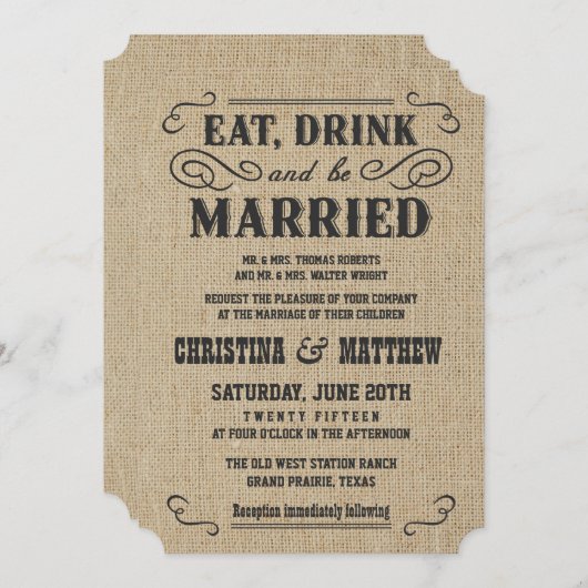 Uitnodigingen voor Westerne bruiloft in Rustic Bur (Voorkant / Achterkant)