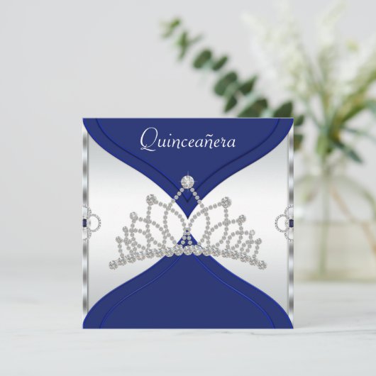 Uitnodigingen voor White en Royal Blue Quinceanera (Staand voorkant)
