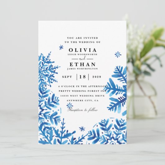 Uitnodigingen voor winterbruiloft in Snowflake (Staand voorkant)