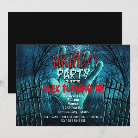 Uitnodigingen voor Zombie-verjaardagsfeest (Voorkant / Achterkant)