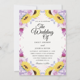Uitnodigingen voor zonnebloemen en paarse bruiloft