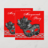 Uitnodigingen voor zwart-rood gemaskerd bal (Voorkant / Achterkant)