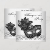 Uitnodigingen voor zwart-wit gemaskerd feest (Voorkant / Achterkant)