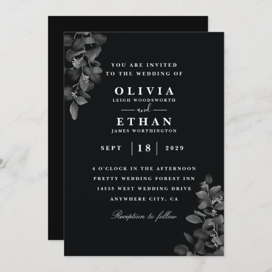 Uitnodigingen voor zwarte bruiloft (Voorkant / Achterkant)