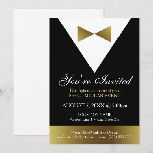 Uitnodigingen voor zwarte en goudbuizen | Formele (Voorkant / Achterkant)