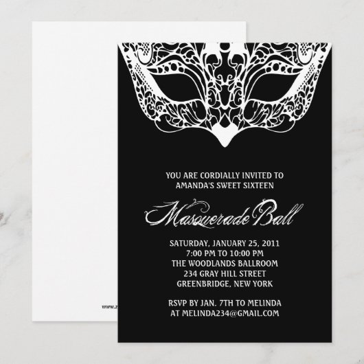 Uitnodigingen voor zwarte en witte maskerade (Voorkant / Achterkant)