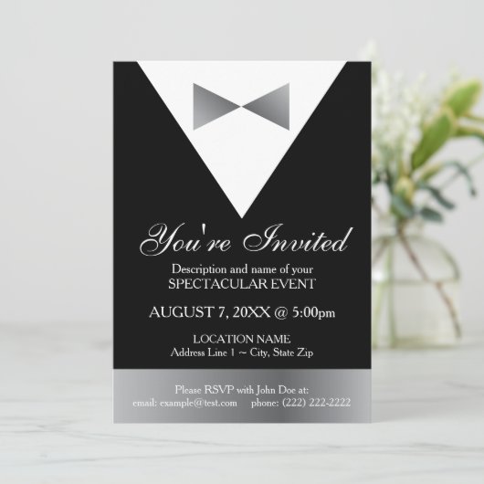 Uitnodigingen voor zwarte en zilveren Tuxedo | Mod (Staand voorkant)