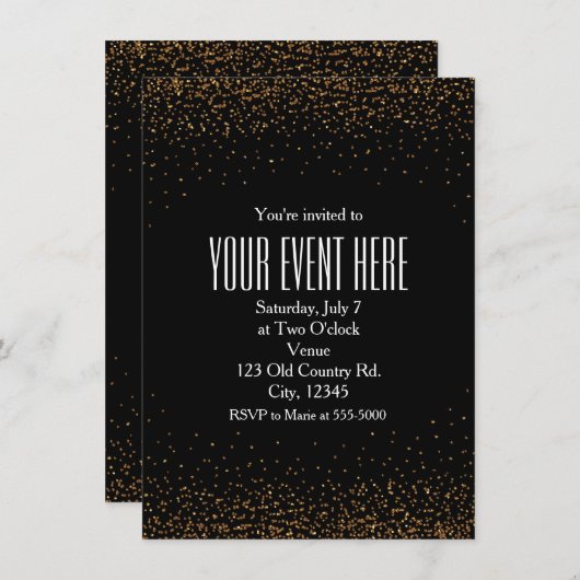 Uitnodigingen voor zwarte & goudfijne Glitter Chic (Voorkant / Achterkant)