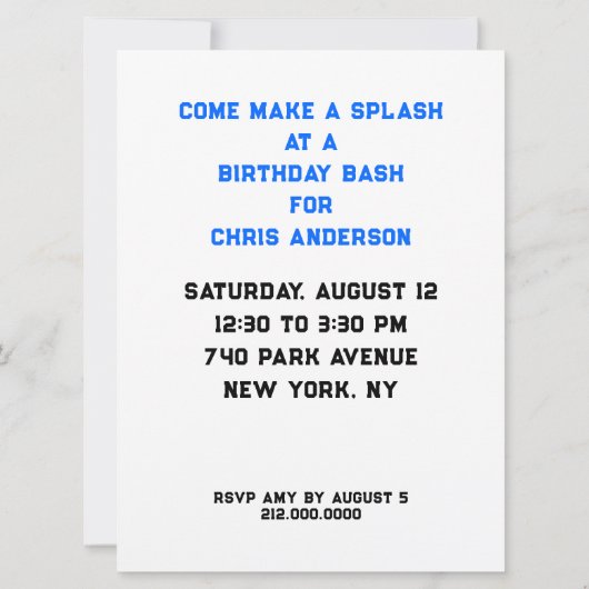 Uitnodigingen voor zwembadfeestjes (Achterkant)